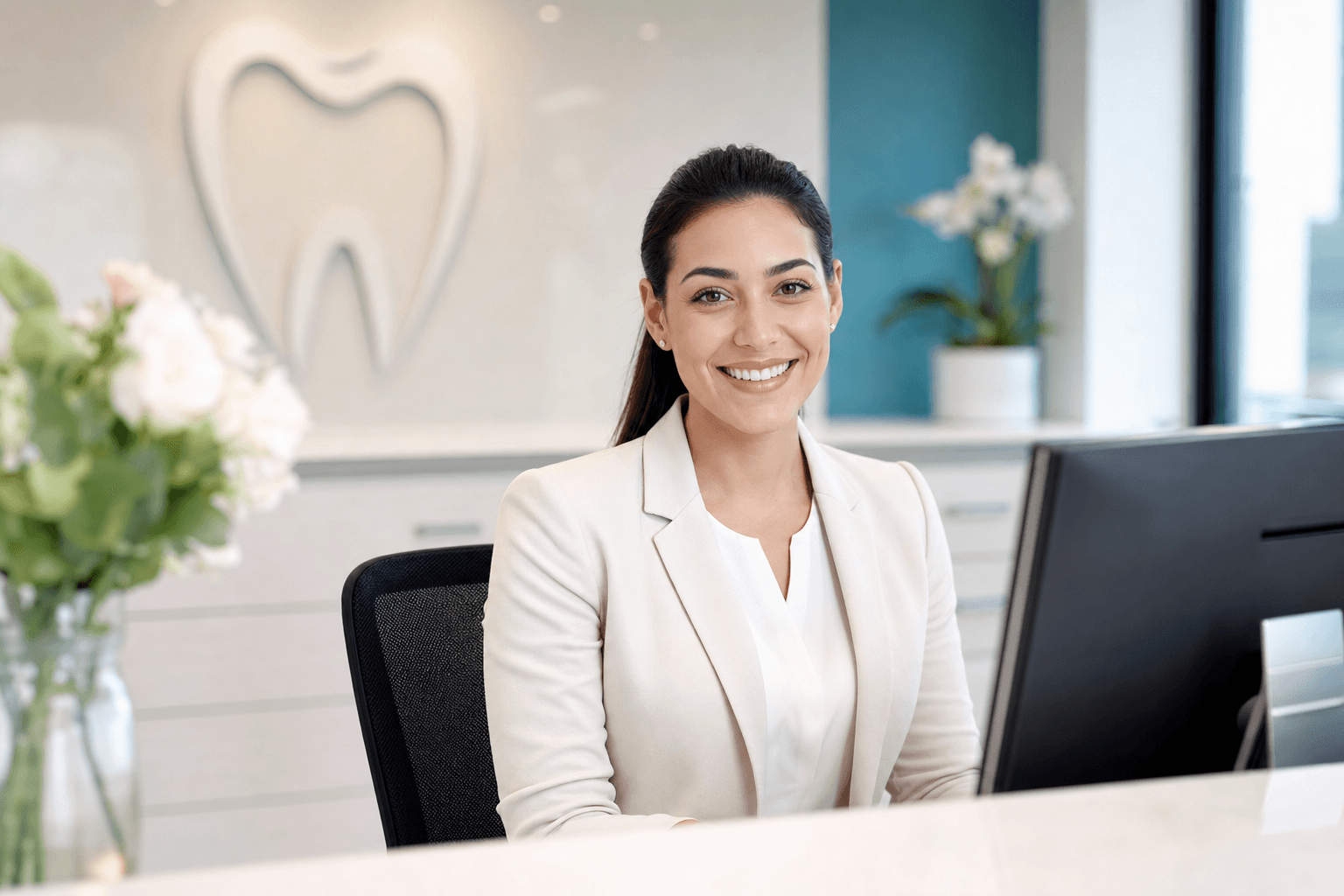 Professional dental clinic coordinator using SmartDesk Dental AI